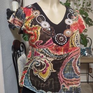 Tantrums Multicolor Embroidered Short Sleeve Top